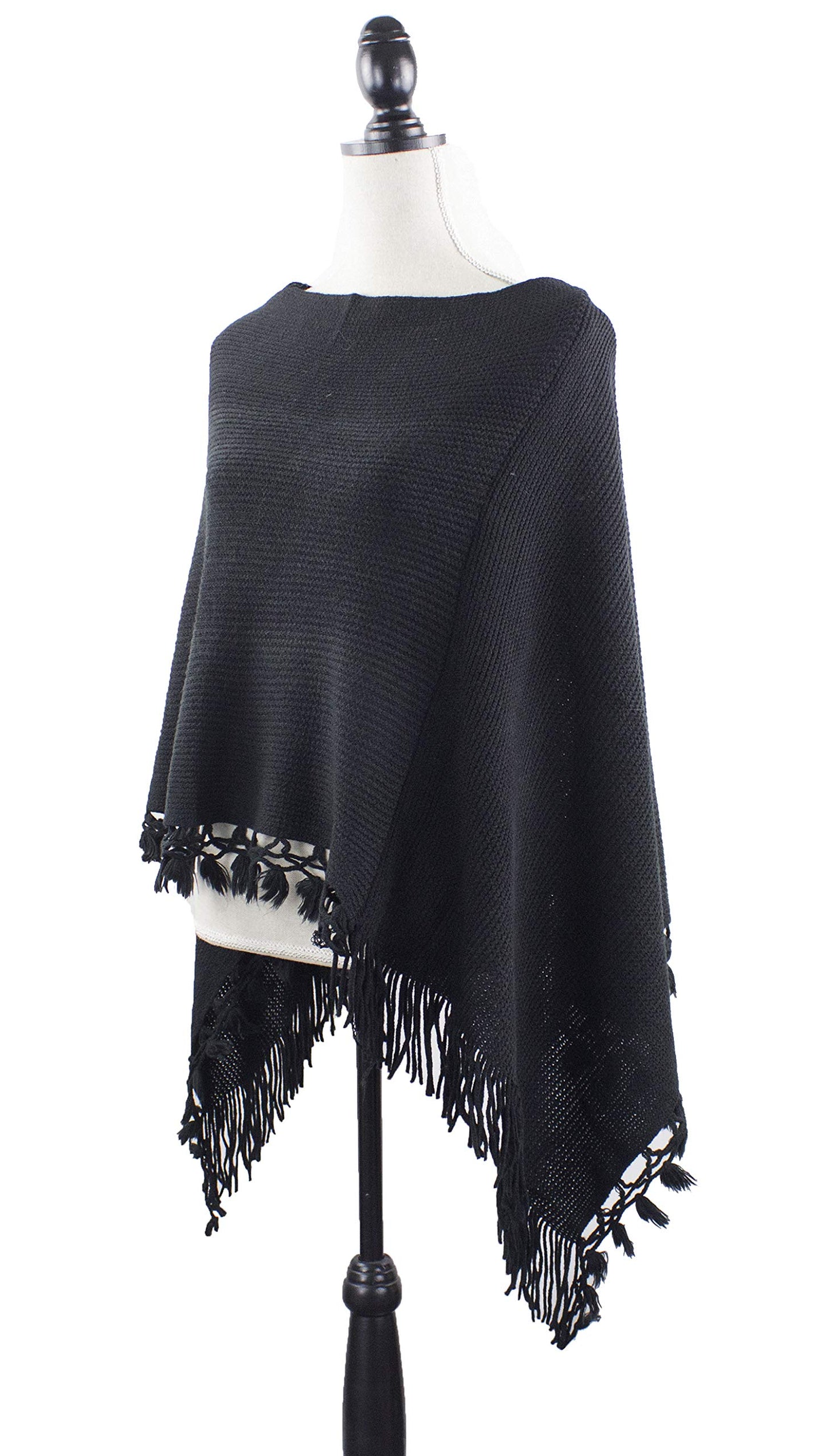 stylesilove Women Color Block Fringe Tassel Poncho Sweater Pullover Cardigan Wrap Topper for Warm Seasons