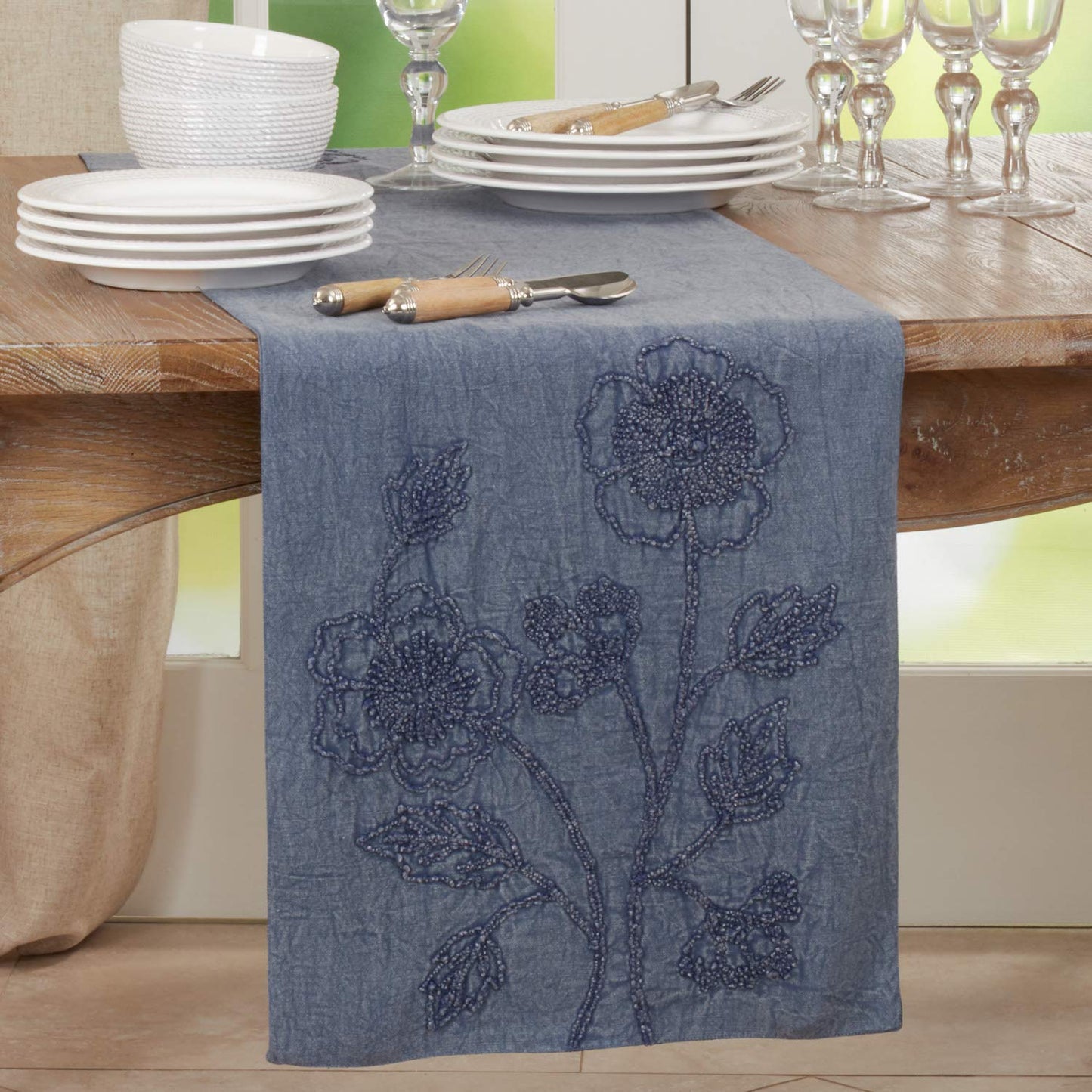 Fennco Styles Stonewashed Floral Cotton Table Runner 16" W x 72" L - Denim Blue Flower Table Cover for Home Décor, Banquet, Family Gathering, Everyday Use and Special Occasion