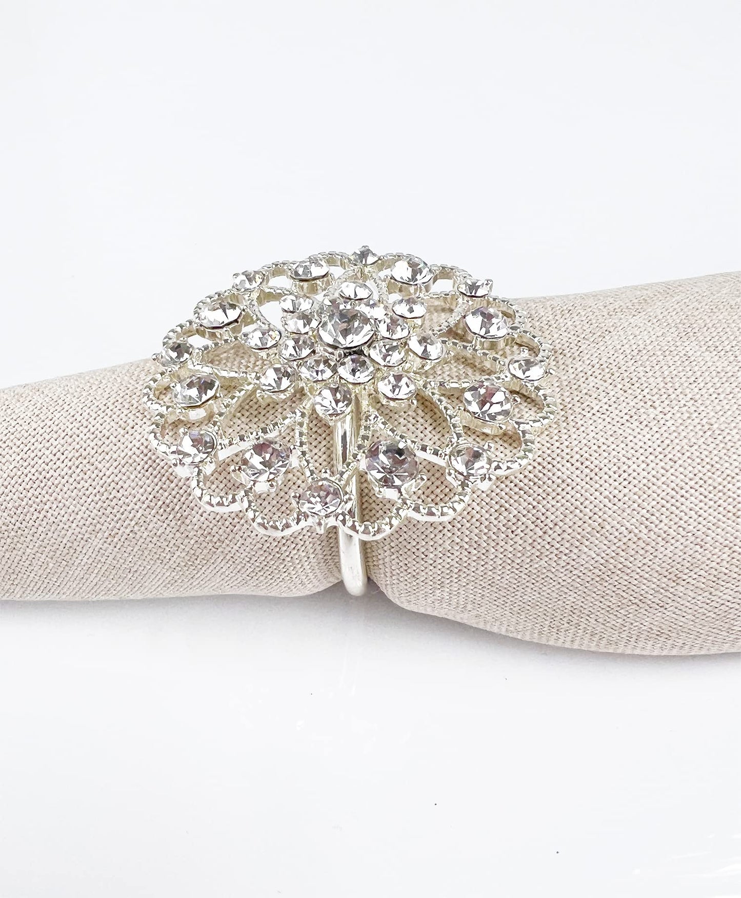 Fennco Styles Rhinestone Crystal Flower Napkin Rings Wedding Holiday Table Decoration - Set of 4