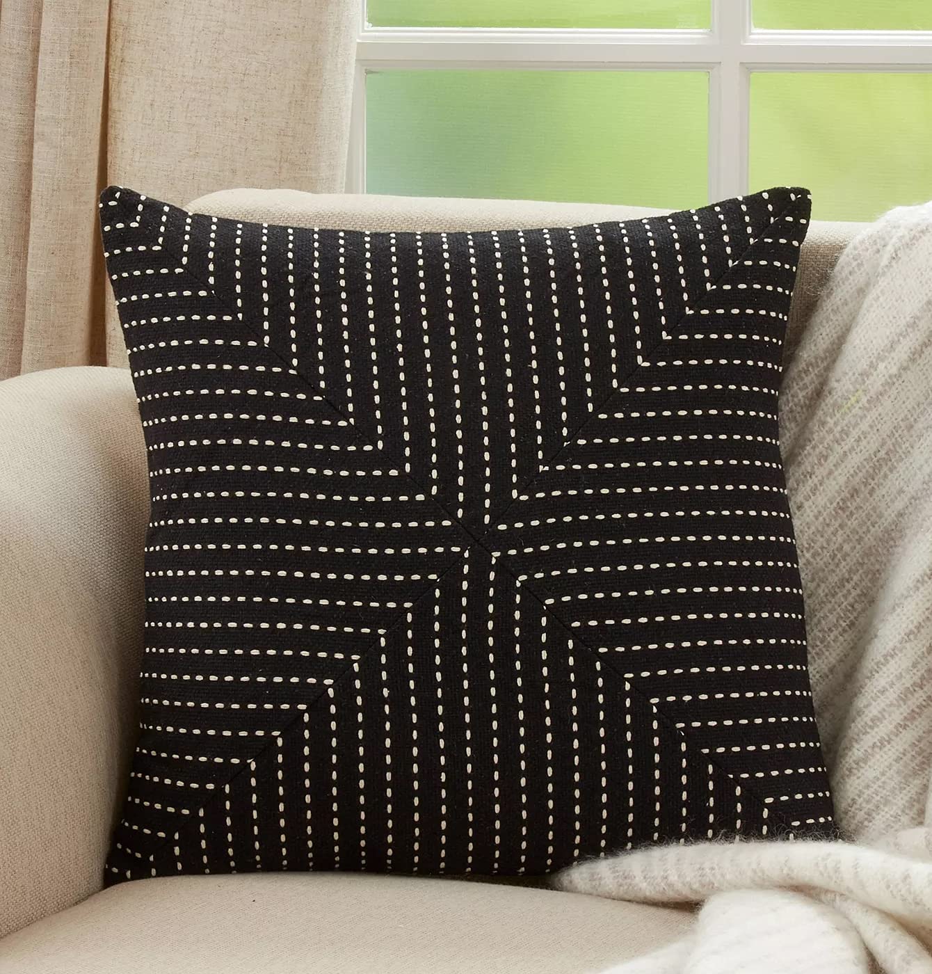 Fennco Styles Stitched Patchwork Cotton Decorative Throw Pillow 18" W x 18" L - Black Square Cushion for Home, Couch, Office, Bedroom and Living Room Décor