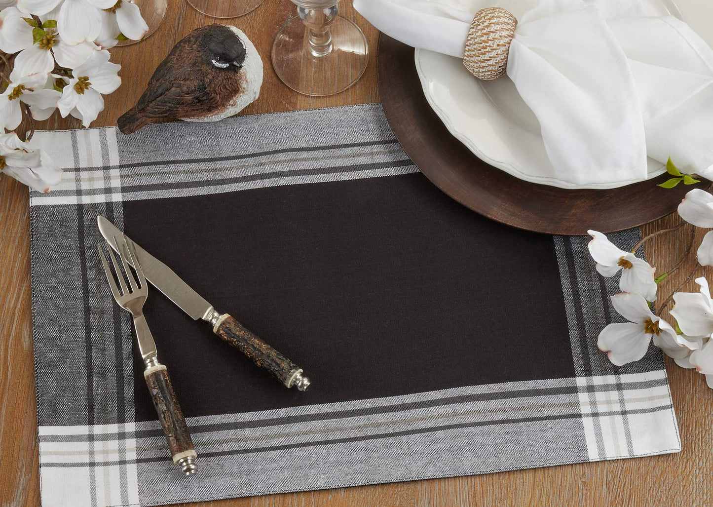 Fennco Styles Contemporary Stripe Border Design 100% Cotton Table Placemats 13" W x 19" L, Set of 4 - Black Table Mats for Dining Table Décor, Banquets, Holiday, Family Gathering, Special Occasion