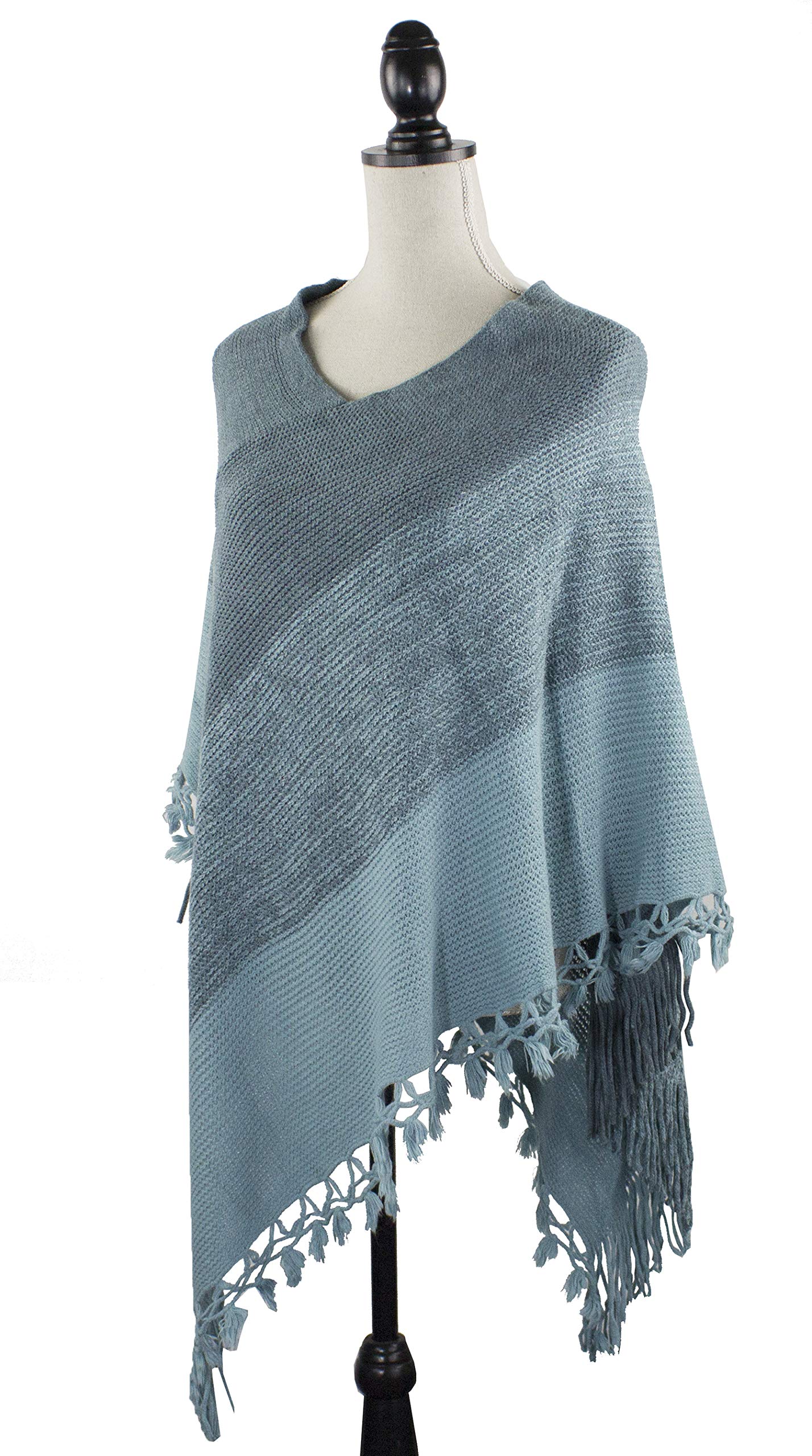 stylesilove Women Color Block Fringe Tassel Poncho Sweater Pullover Cardigan Wrap Topper for Warm Seasons