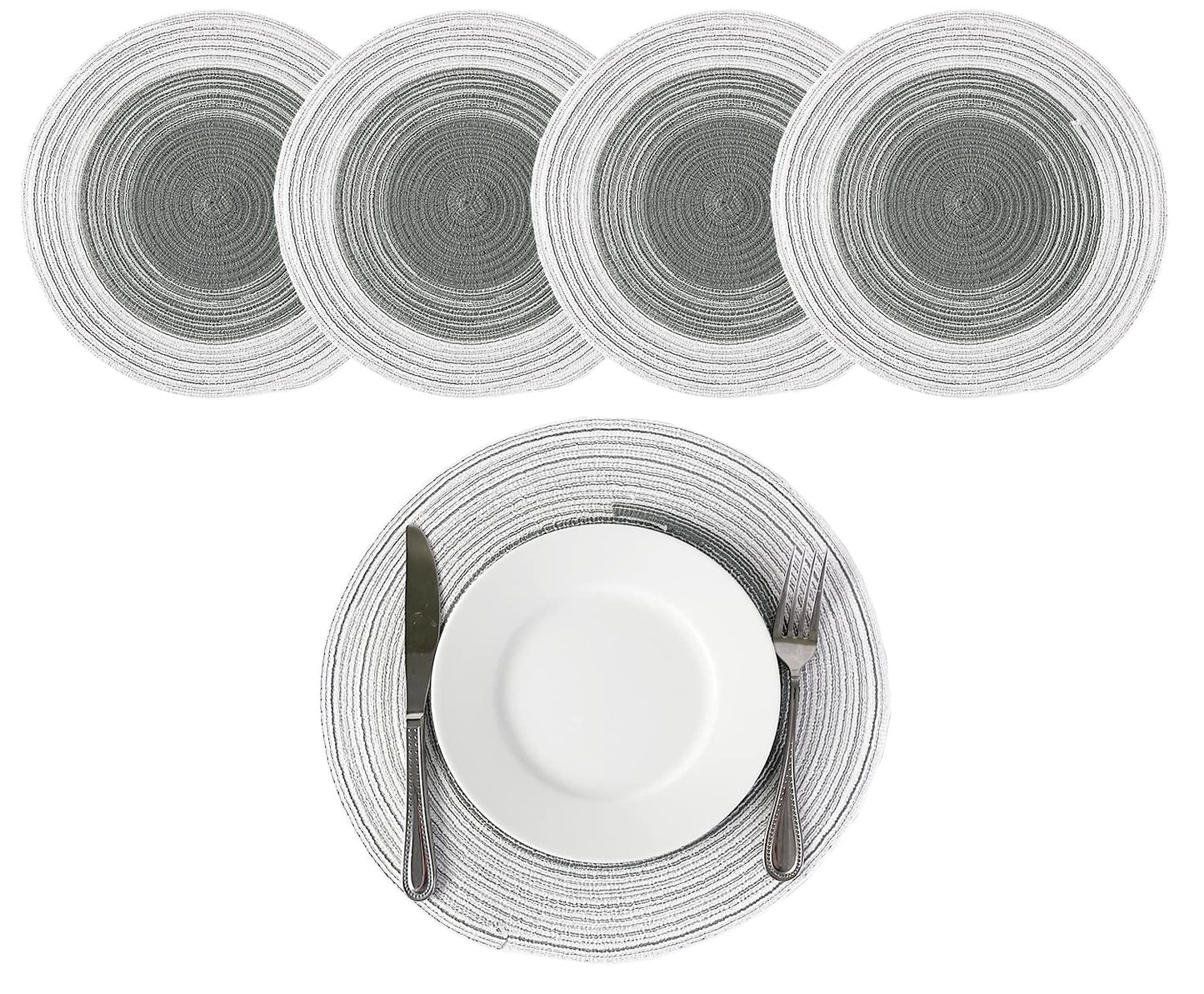 Fennco Styles Handmade Gradient Textured Ramie Placemats 14" Round, Set of 4 – Braided Table Mats Heat Resistant Insulation for Home Décor, Dining Table, Everyday Use, Banquets, Special Events