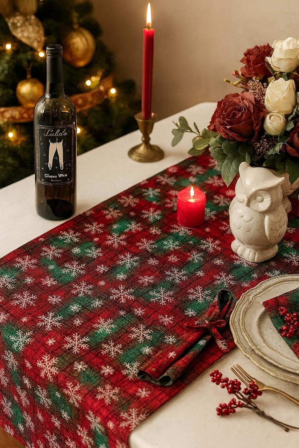 Fennco Styles Red & Green Tartan Plaid Christmas Table Runner with White Snowflakes 13" X 73" - Festive Holiday Table Cover for Christmas Décor, and Winter Festivals