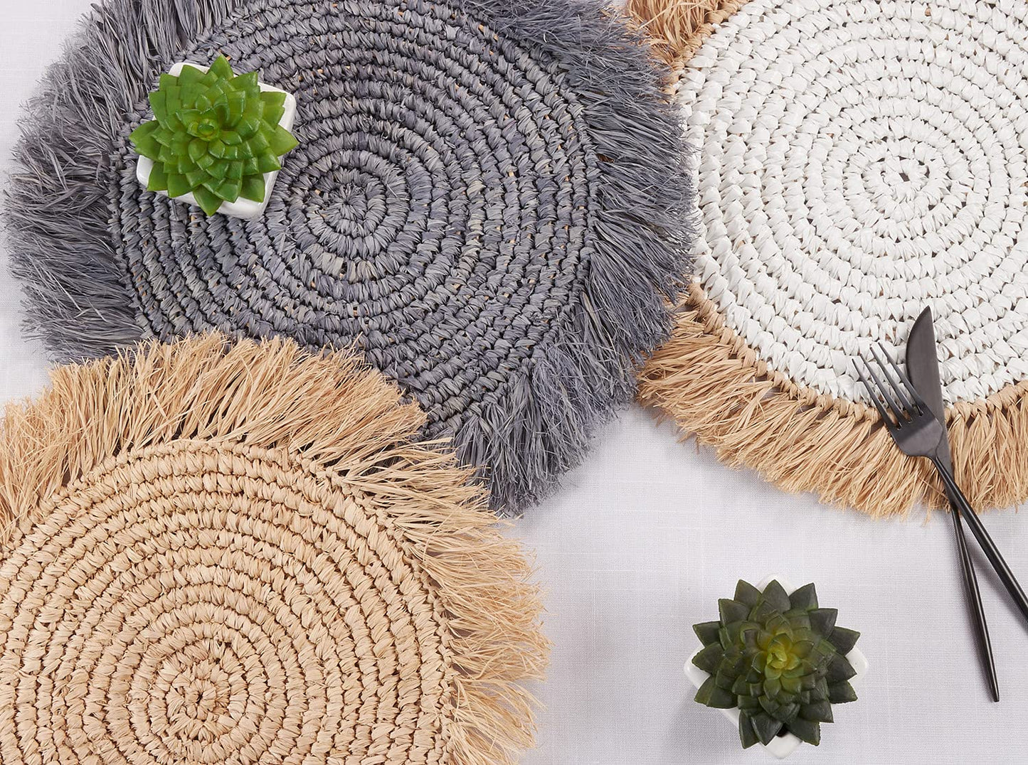 Fennco Styles Raffia Fringe Woven Placemats 15 Inch Round, Set of 4 - White Boho Table Mats for Home, Dining Room, Banquets, Family Gathering and Special Occasion