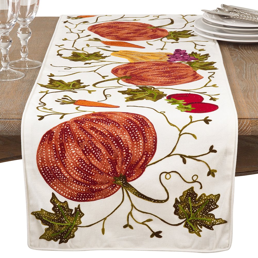 Fennco Styles Pumpkin Embroidery Thanksgiving Holiday Decorative 100% Cotton 16"x72" Rectangular Table Runner