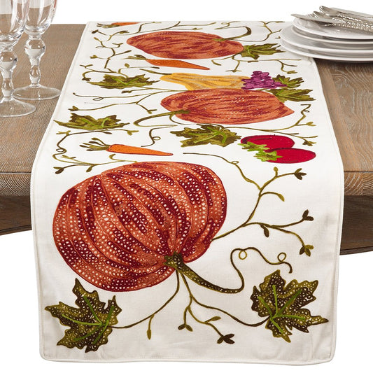 Fennco Styles Pumpkin Embroidery Thanksgiving Holiday Decorative 100% Cotton 16"x72" Rectangular Table Runner
