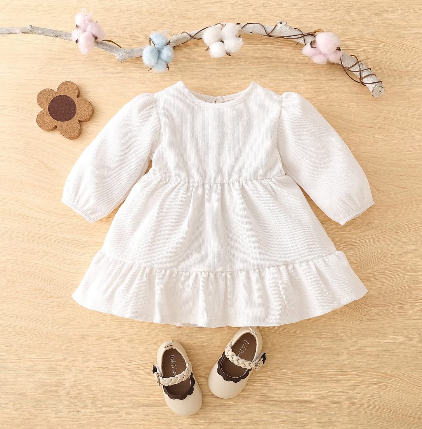 stylesilove Baby Toddler Girls Solid Ruffle Hem Long Puff Sleeve Corduroy Dress Princess Casual Spring Fall Outfit