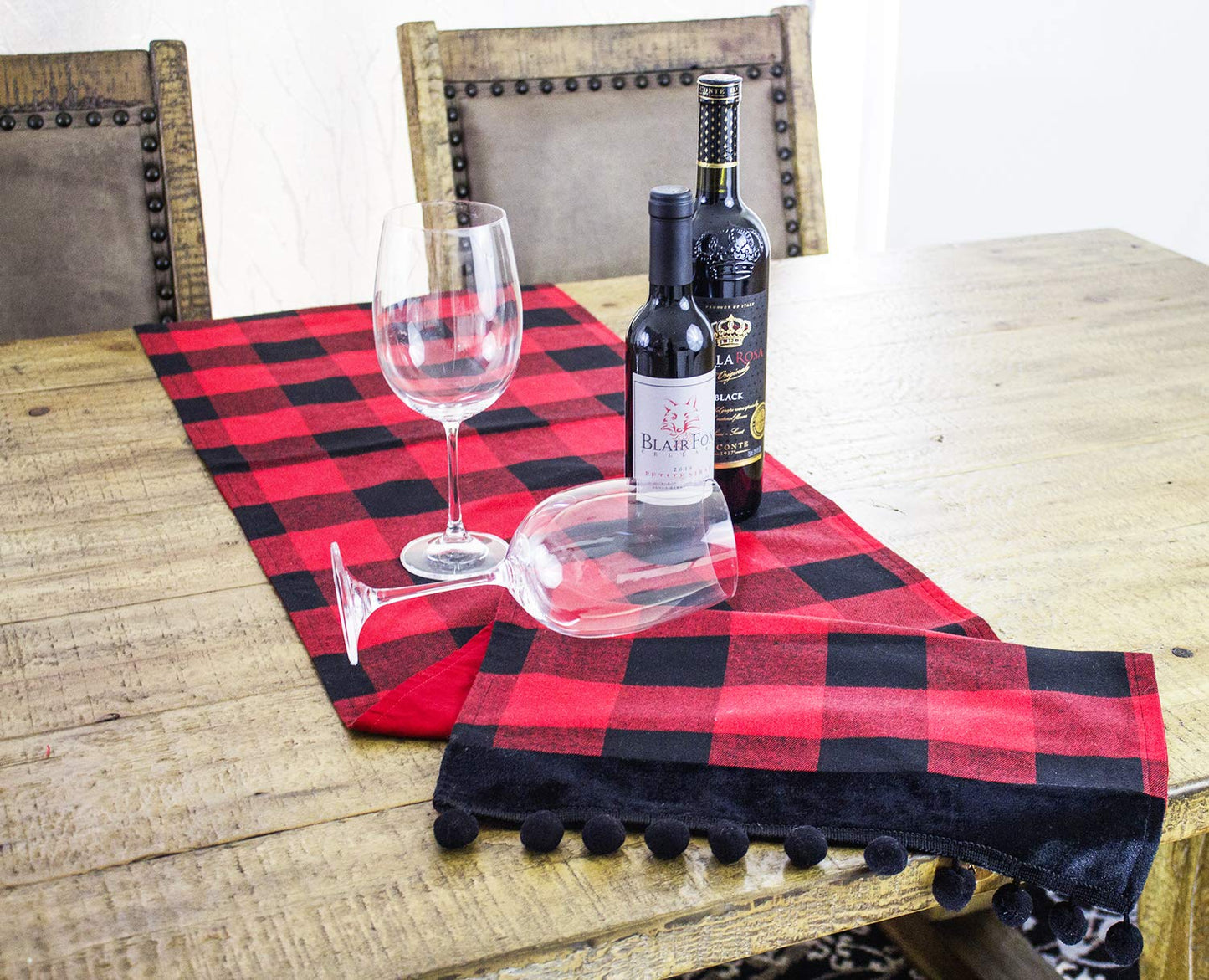 Fennco Styles Buffalo Plaid Red and Black Velvet Pom Pom Trim Design Cotton Table Runner