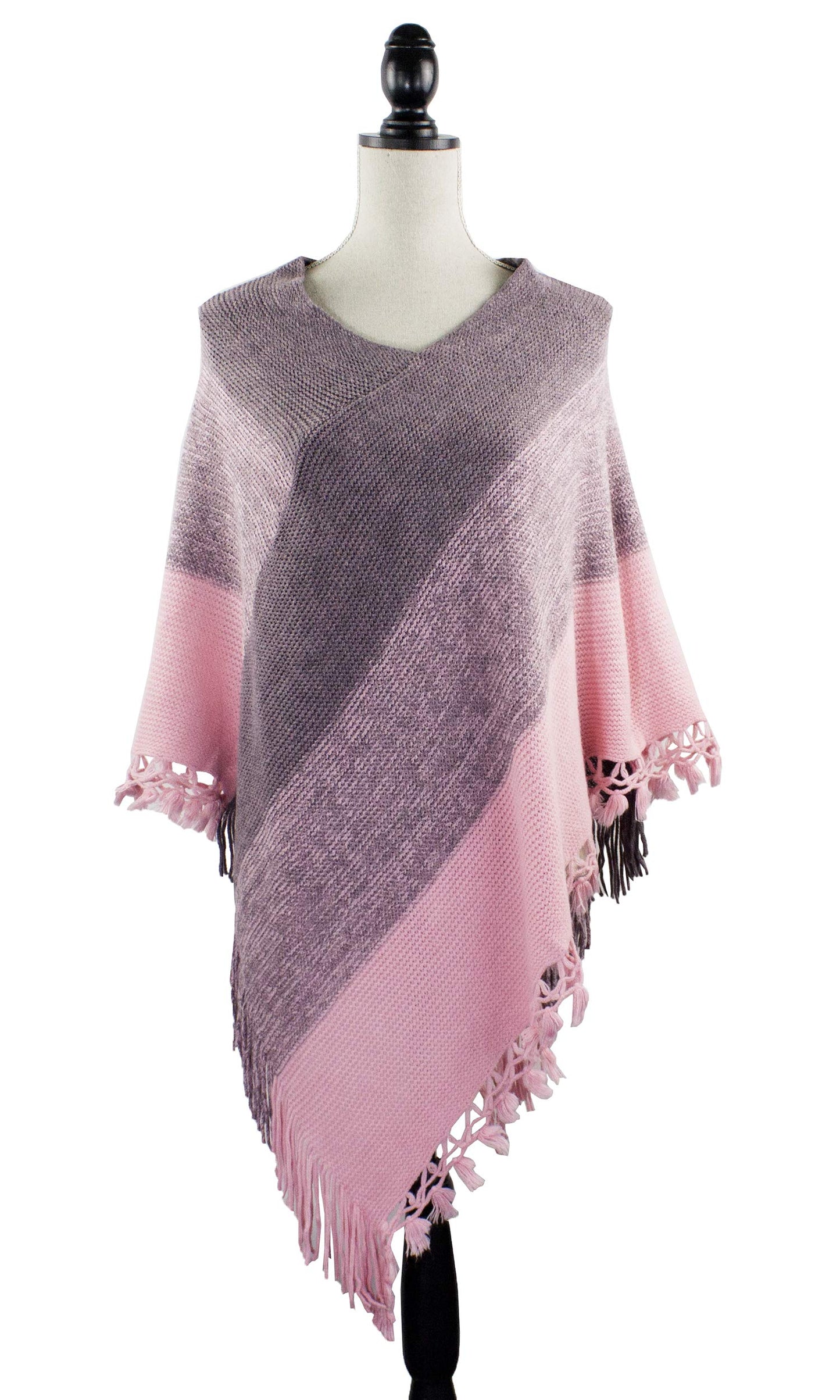 stylesilove Women Color Block Fringe Tassel Poncho Sweater Pullover Cardigan Wrap Topper for Warm Seasons