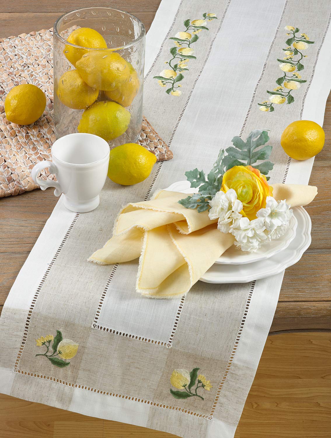Fennco Styles Hommage Brodé Collection Cottage Lemon Embroidery Border Hemstitch Table Runner 15 x 70 Inch – Ivory Table Cover for Wedding, Banquet, Tea Party and Home Décor