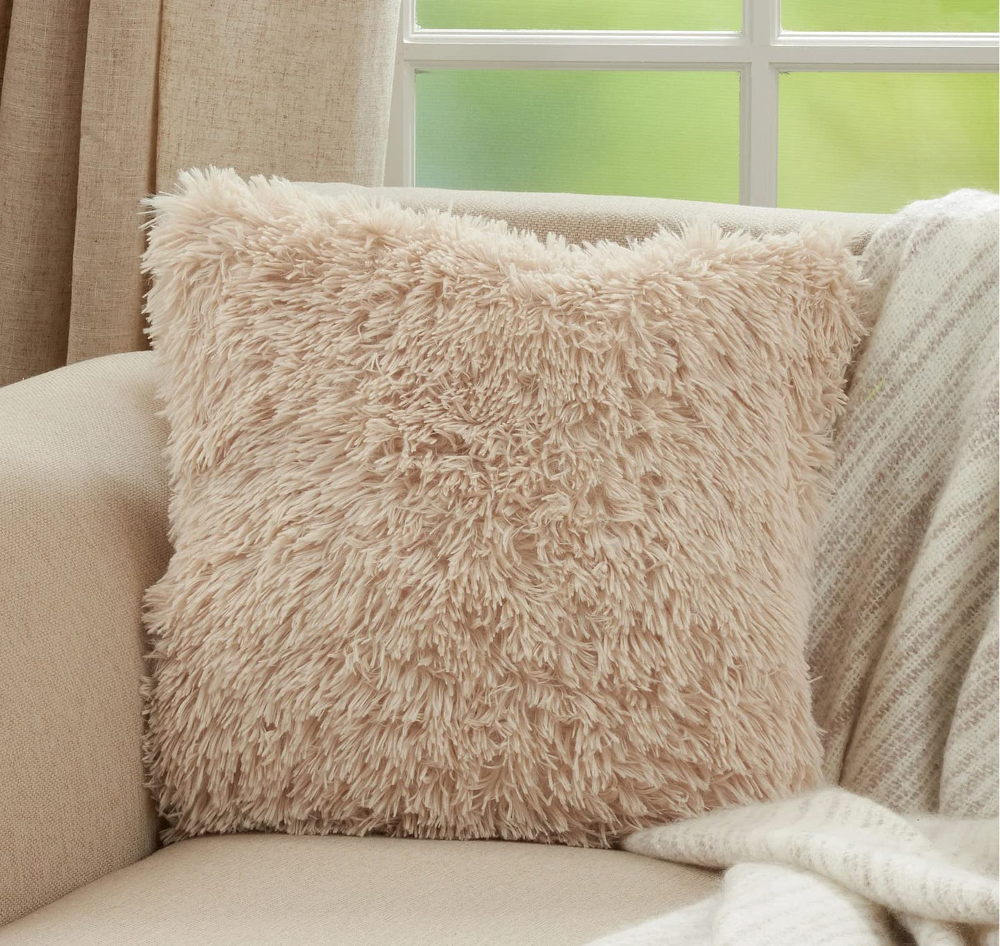 Fennco Styles Classic Faux Fur Decorative Throw Pillow Cover 18 x 18 Inch - Ivory Plush Cushion Case for Home, Couch, Living Room, Office and Holiday Décor