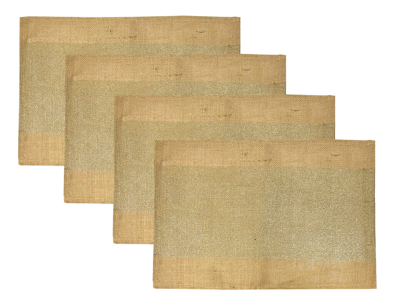 Fennco Styles Metallic Banded Foil Design Burlap Jute Placemats 13" W x 19" L, Set of 4 - Natural Table Mats for Home, Dining Table, Banquets, Holidays and Special Events