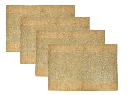 Fennco Styles Metallic Banded Foil Design Burlap Jute Placemats 13" W x 19" L, Set of 4 - Natural Table Mats for Home, Dining Table, Banquets, Holidays and Special Events