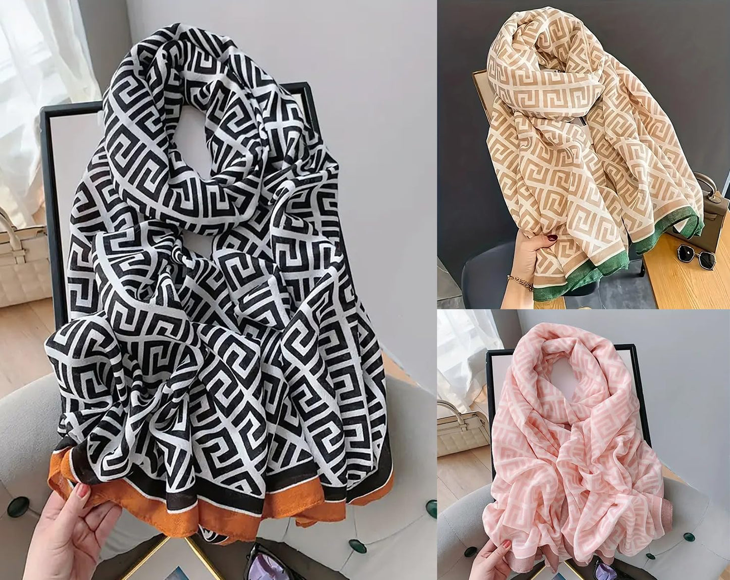 stylesilove Women Geometric Maze Print Scarf with Border Design Soft Shawl Scarves Neck Wraps for All Season, 3 Colors
