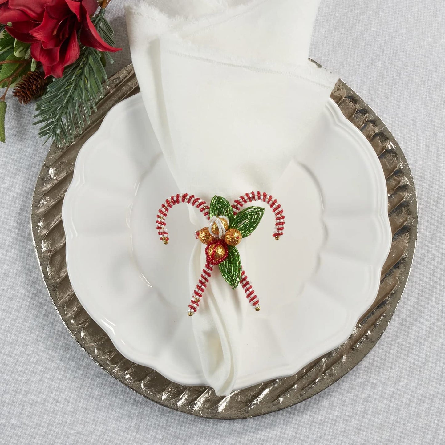 Fennco Styles Hand Beaded Candy Cane Christmas Napkin Rings, Set of 4 - Red & Green Glass Beads Napkin Holders for Home, Dining Room, Banquet, Family Gathering, Holiday Décor and Special Occasion