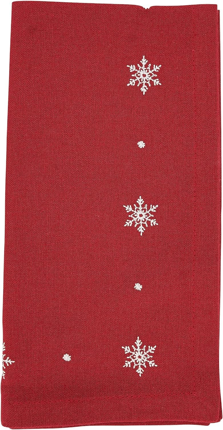 Fennco Styles White Embroidered Snowflake Christmas Table Runner 16" W x 72" L - Red Cotton Table Cover for Winter Holidays, Home Décor and Family Gatherings