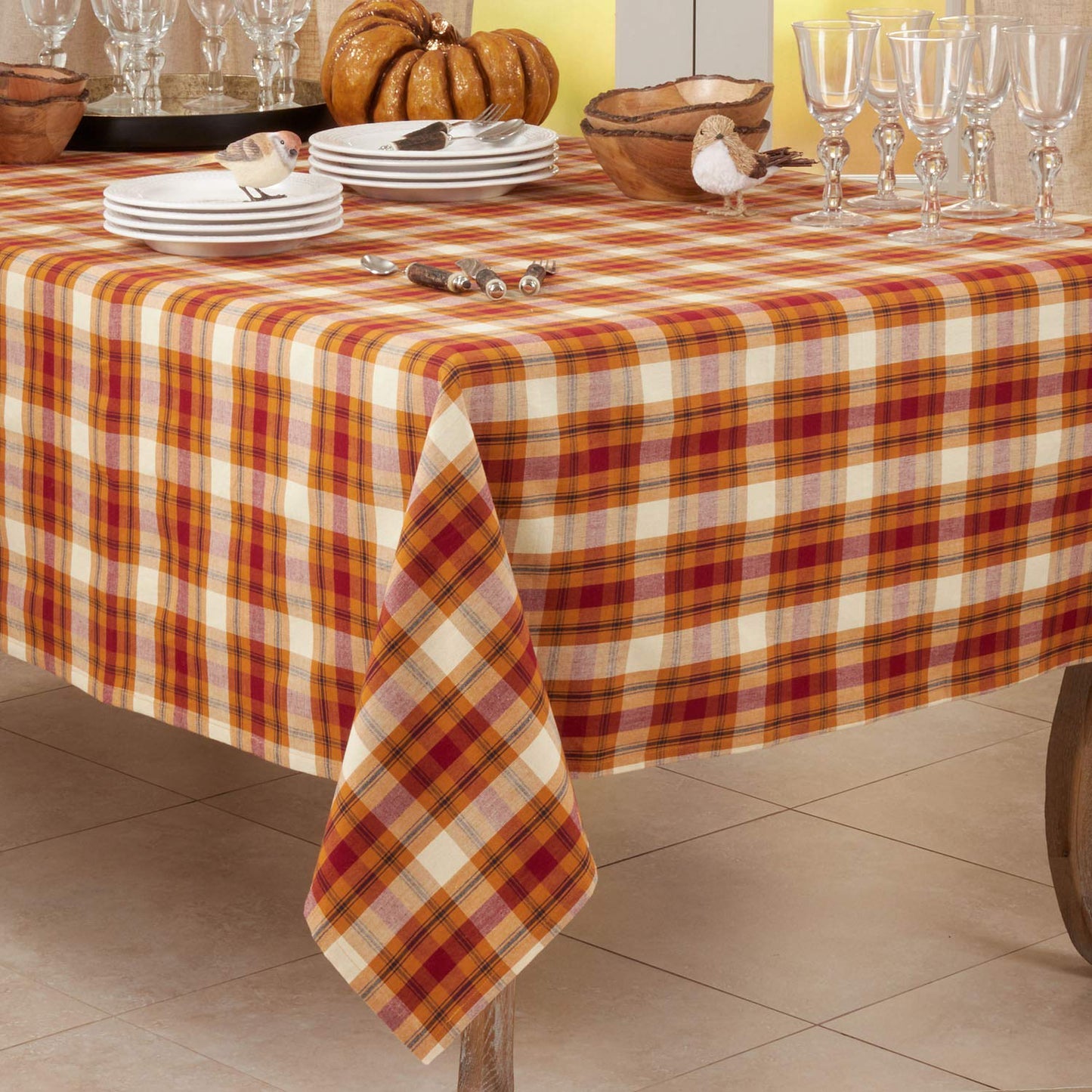 Fennco Styles Harvest Plaid Design 100% Cotton Tablecloth 70" W x 70" L - Autumn Rust Table Cover for Home, Dining Table Decor, Banquet, Thanksgiving and Special Event