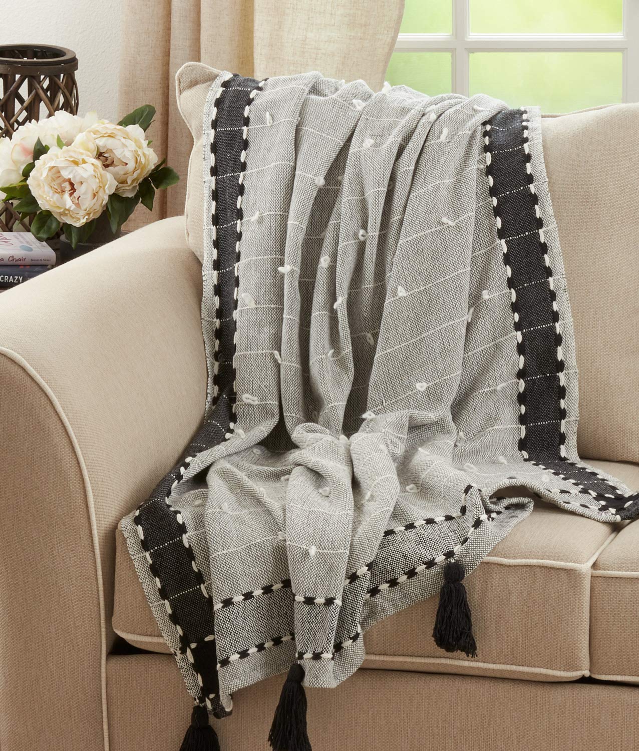 Fennco Styles Banded Border Throw Blanket with Tassel 50" W x 60" L – Black Woven Blanket for Couch, Bedroom and Living Room Décor