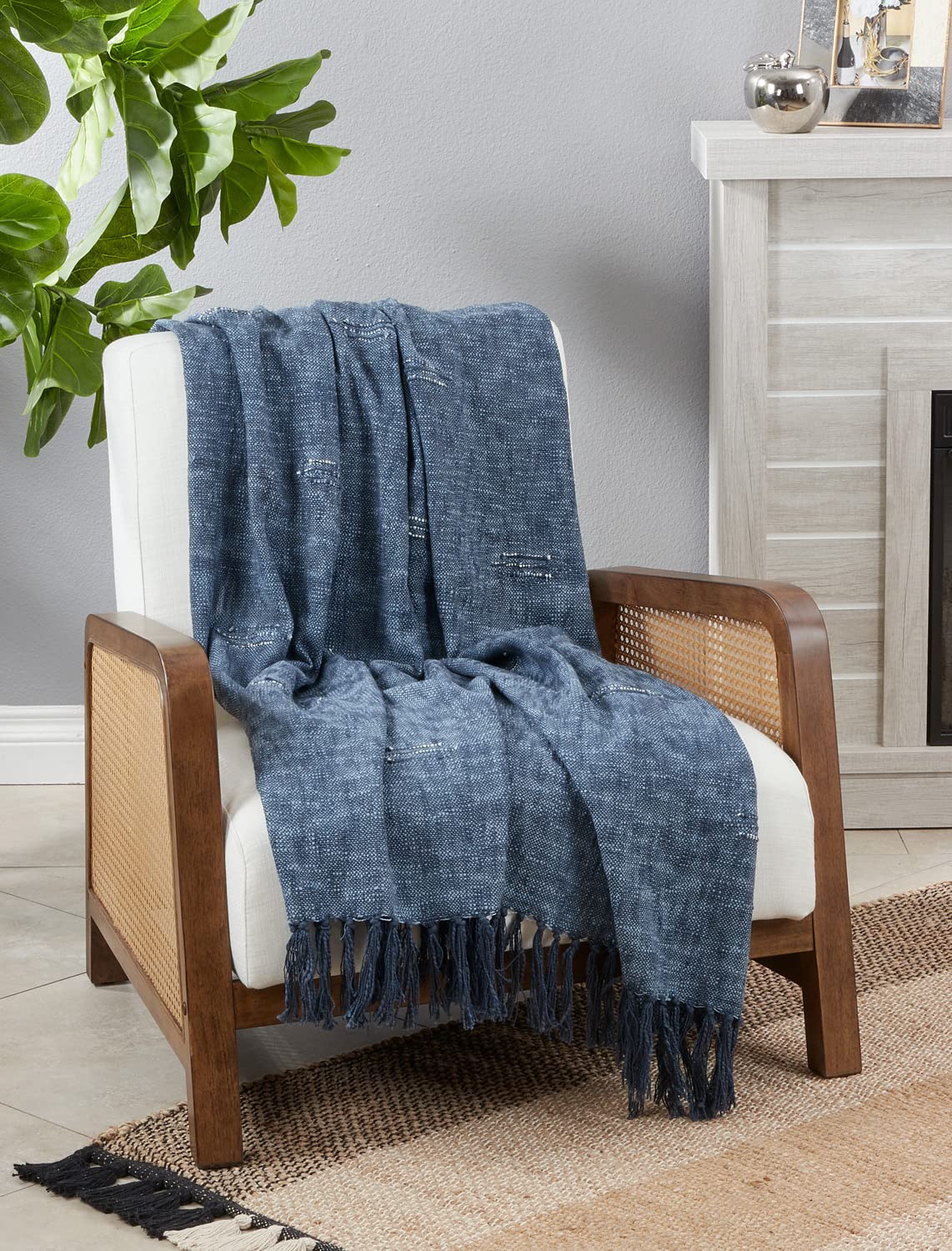 Fennco Styles Stitched Line Tassel Cotton Throw Blanket 52" W x 68" L – Navy Blue Textured Blanket for Bed, Couch, Sofa, Holidays, Home Décor and Office Décor