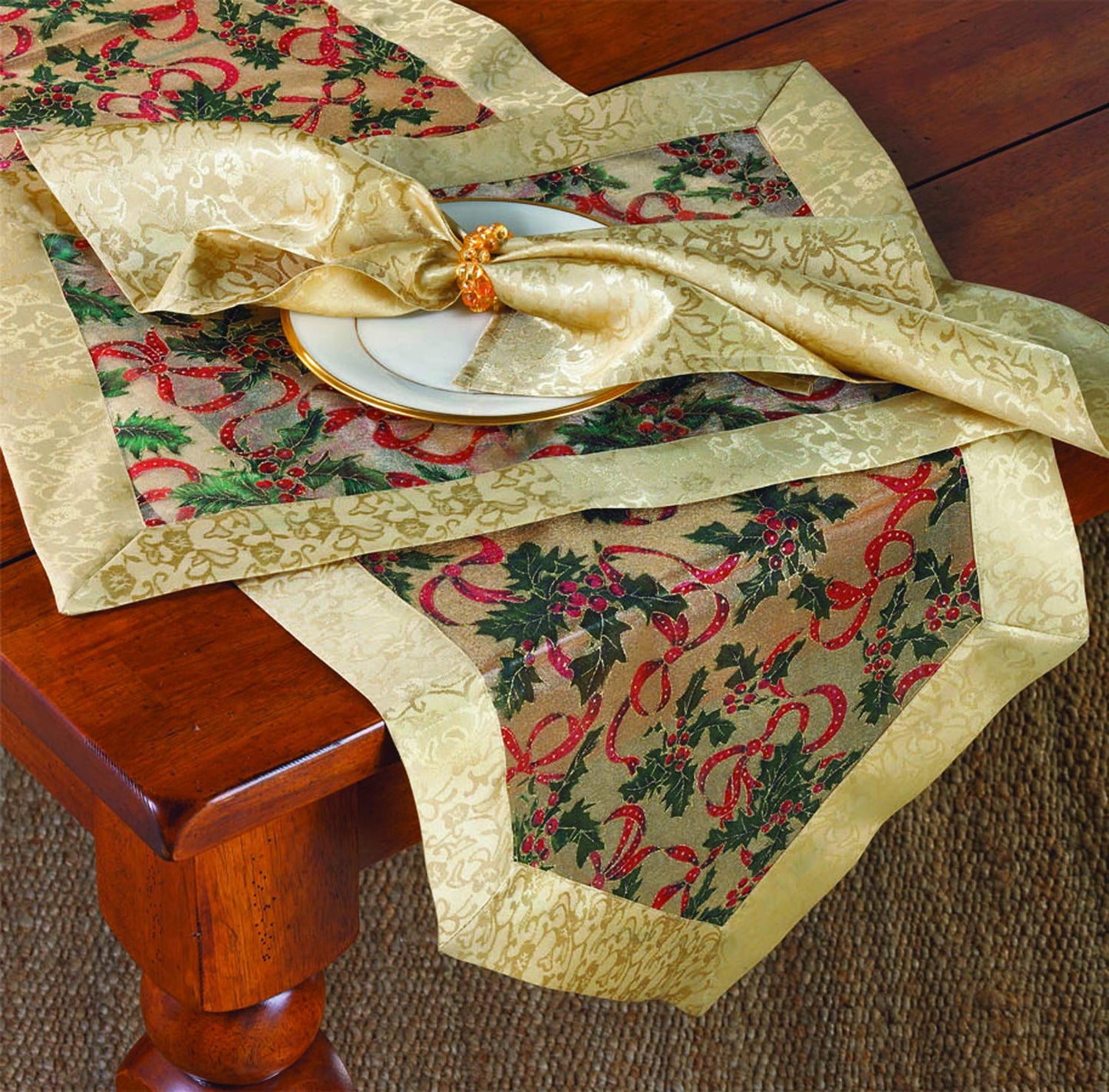 Fennco Styles Holly Ribbon Holiday Christmas Sheer Tablecloth - Gold Satin Border and Tassels Table Cover for Family Dinner, Banquets, Special Events and Home Decor