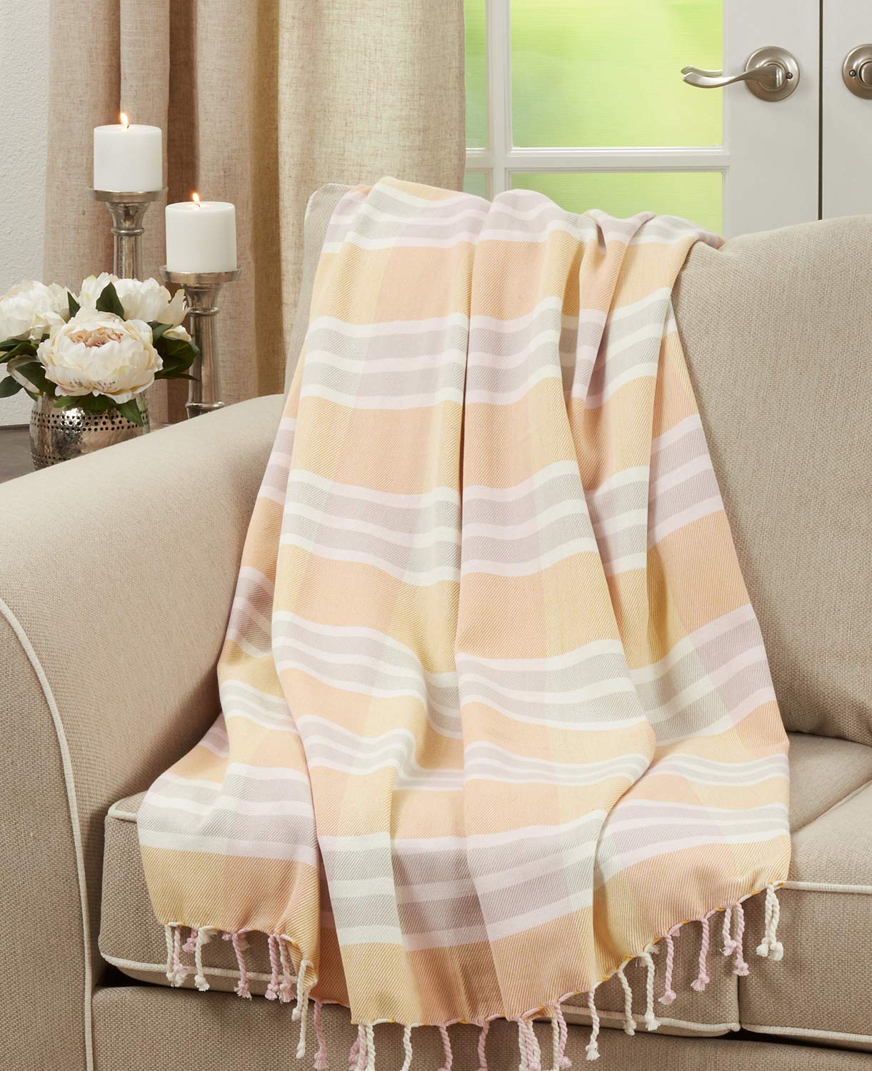 Fennco Styles Soft Plaid Fringed Cotton Throw Blanket 50" W x 60" L - Pastel Yellow & Grey Blanket for Couch, Bedroom and Living Room Décor