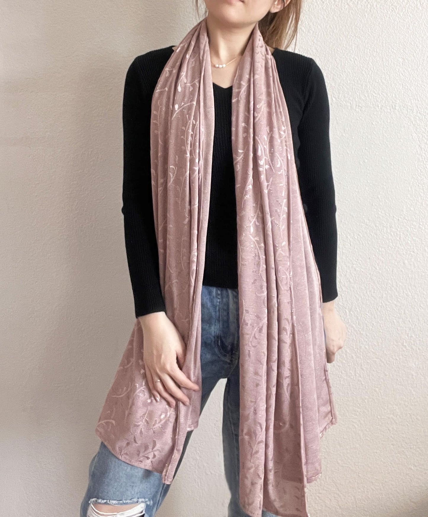 stylesilove Women Shimmering Jacquard Floral Scarf Silver Thread Flower Scarves Ultra Lightweight Soft Shawl Neck Wraps