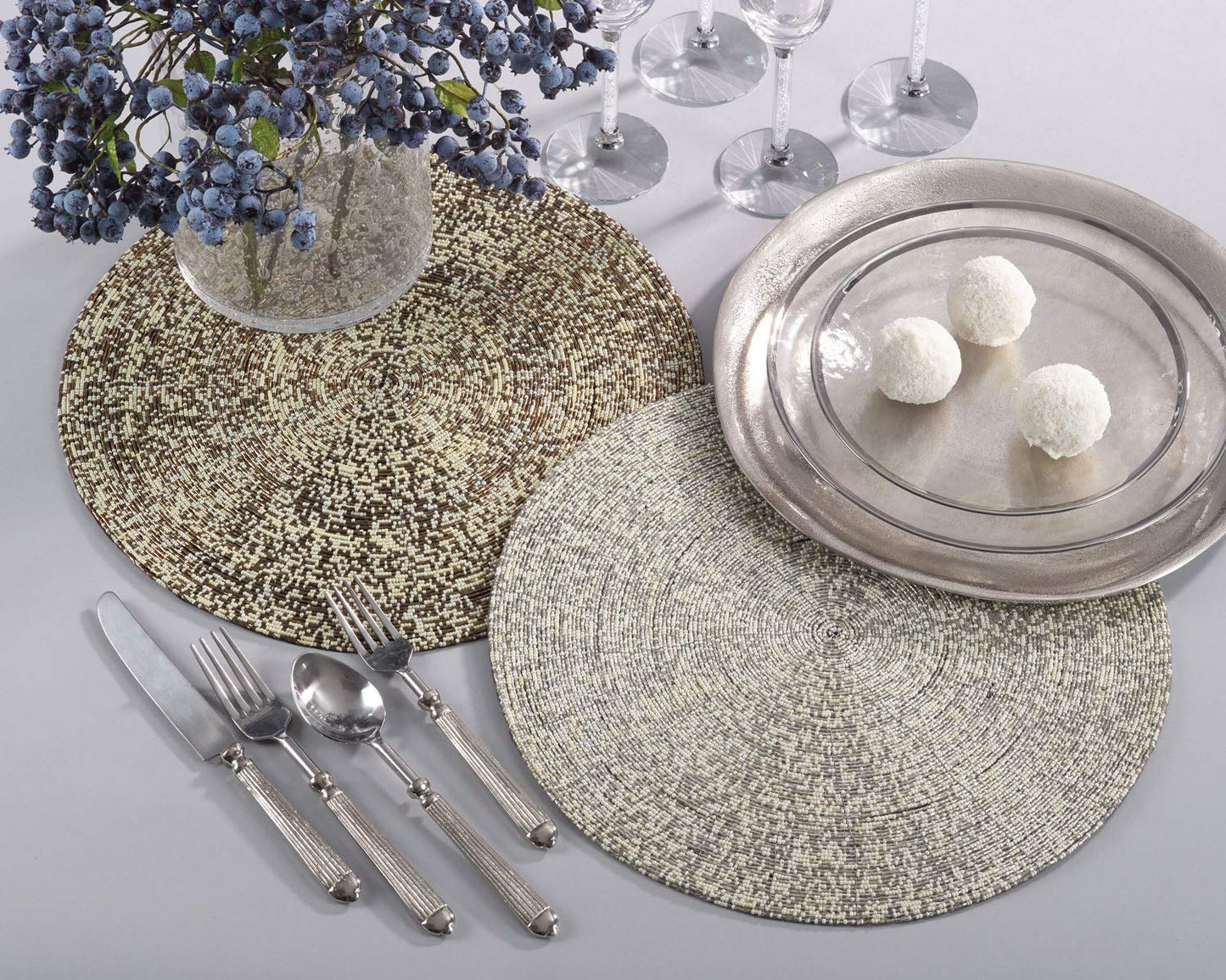 Fennco Styles Parle Noël Collection Contemporary Silver Glass Beads Placemats 14 x 14 Inch Round, Set of 2 – Hand Beaded Table Mat for Banquets, Family Gathering, Special Events and Home Décor