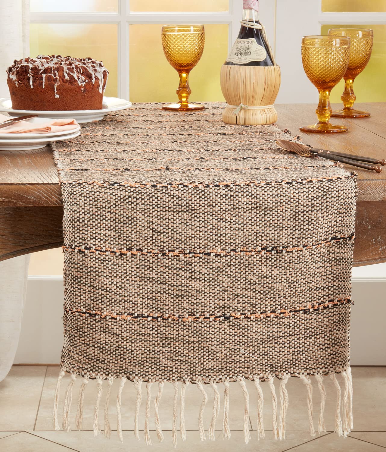 Fennco Styles Modern Striped Table Runner with Fringe 16" W x 72" L – Natural Woven Textured Table Cover for Home Décor, Dining Table, Banquets, Everyday Use and Special Events