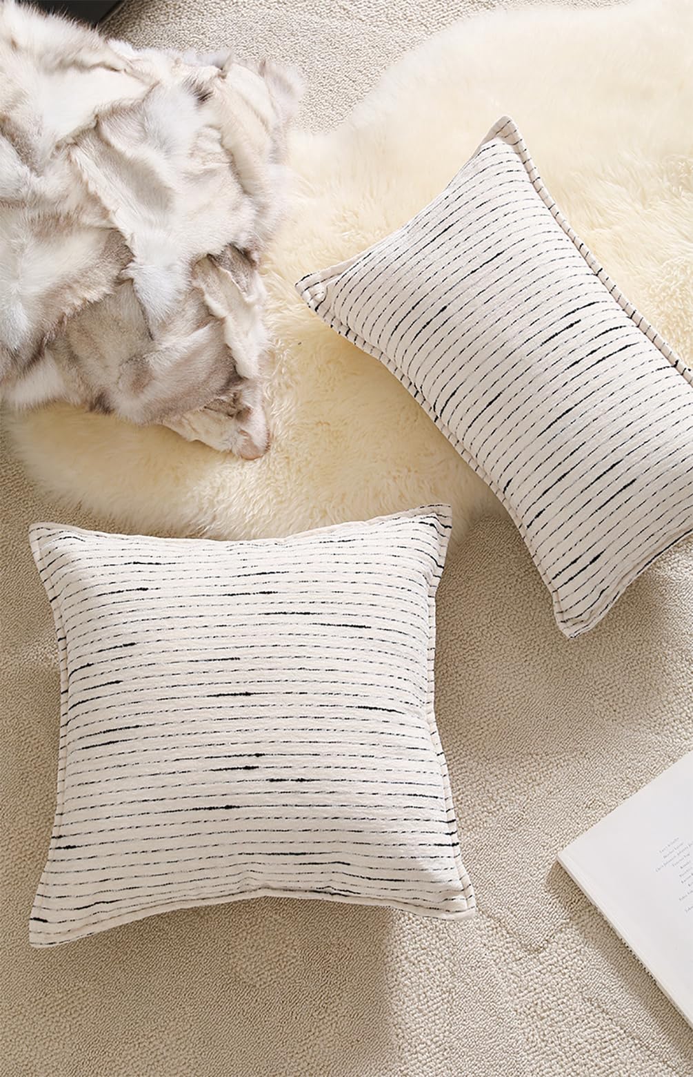 Fennco Styles Black Stripe Chenille Decorative Filled Throw Pillow - White Woven Soft Cushion for Home, Couch, Bedroom, Living Room and Office Décor