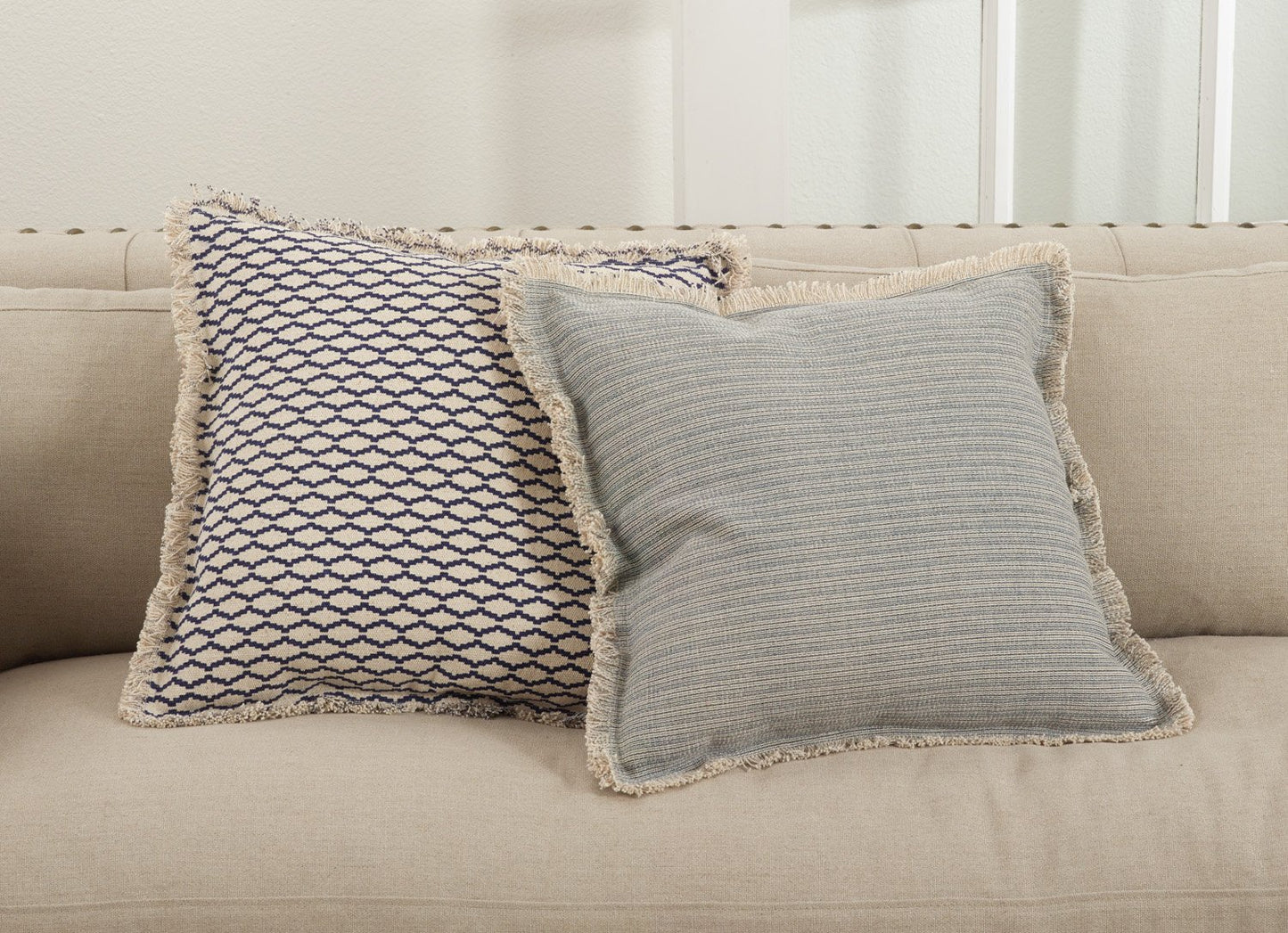 Fennco Styles Canberra Collection Fringed Morocan Design Cotton Down Filled Cotton Throw Pillow 20" W x 20" L - Navyy Blue Accent Pillow for Couch, Bedroom, Living Room and Office Decor