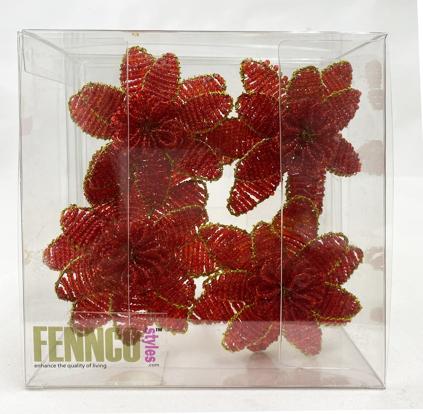 Fennco Styles Hand Beaded Christmas Poinsettia Napkin Rings, Set of 4 - Red Glass Bead Flower Napkin Holders for Home, Dining Room, Banquet, Family Gathering, Winter Holiday Décor and Special Occasion