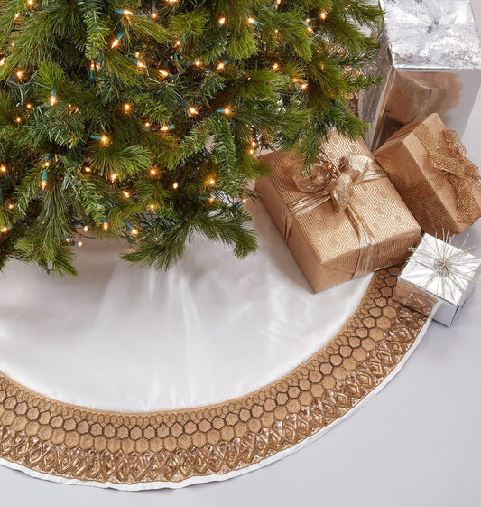 Fennco Styles Luxury Hand Beaded Border Tree Skirt 54 Inch Round - Gold Festive Tree Skirt for Home, Holiday Decoration and Special Occasion