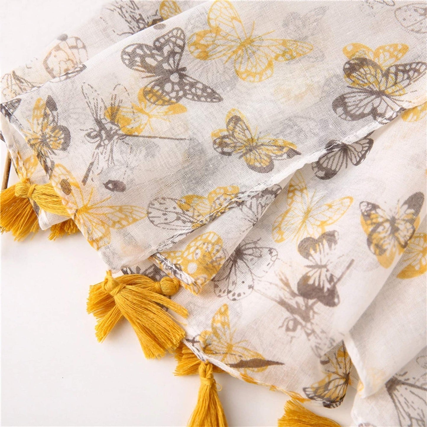 stylesilove Spring Summer Yellow Grey Butterfly Printed Lightweight Tassel Cotton Scarf Wrap Shawl for Women Girls