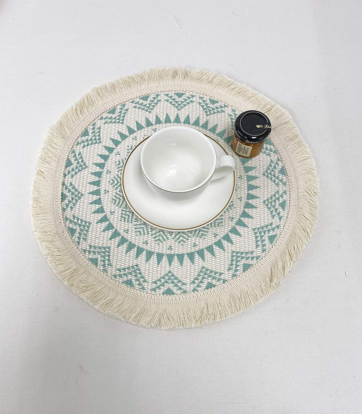 Fennco Styles Boho Mandala Fringe Decorative Cotton Placemats 13-inch Round, Set of 4 - Grey Heat Resistant Insulation Table Mats for Home Decor, Dining Table, Banquets and Special Events