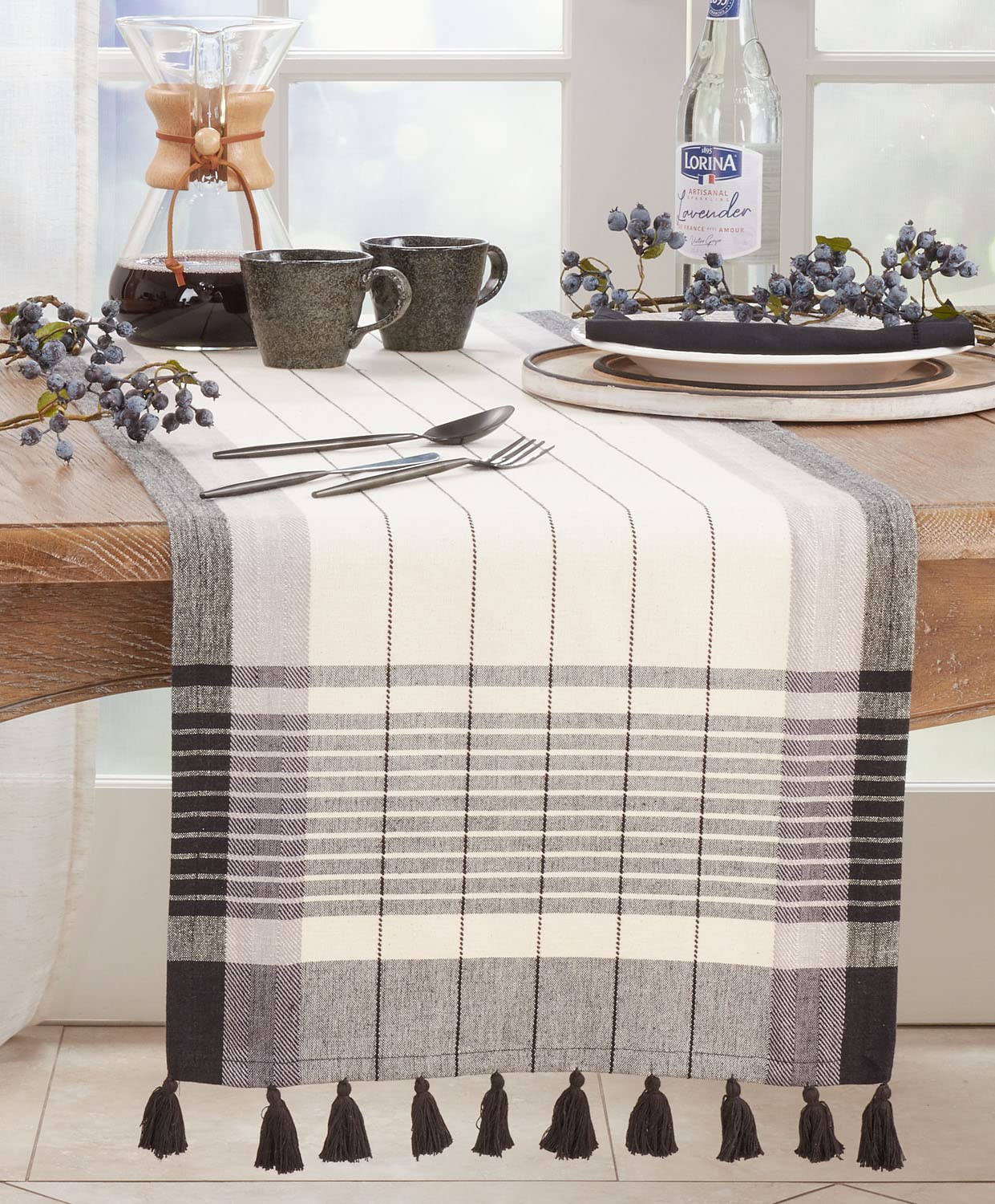 Fennco Styles Striped Tassel Cotton Table Runner 16" W x 72" L - Black & White Woven Table Cover for Home, Dining Room, Banquets, Family Gatherings , Holidays and Special Occasion