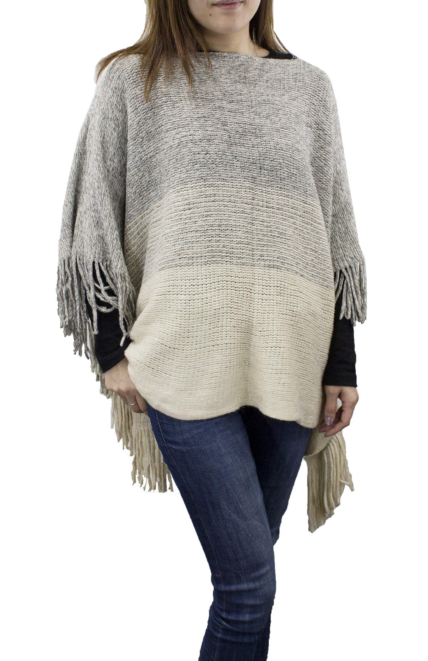 stylesilove Womens Knit Two Tone Batwing Fringe Poncho Cardigan Pullover Cozy Sweater Wrap Jacket