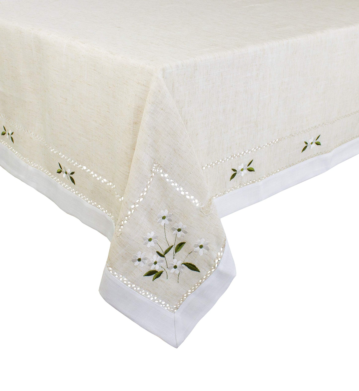 Fennco Styles Farmhouse Embroidered Daisy Hemstitched Tablecloth - Natural 55 x 55 Inch Table Cover for Banquets, Holiday, Special Events and Home Décor