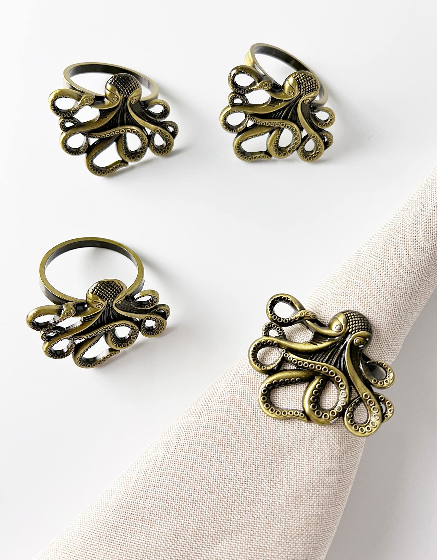 Fennco Styles Coastal Octopus Metal Napkin Rings, Set of 4 - Gold Nautical Napkin Holders for Home Décor, Dining Table, Banquets, Family Gathering and Special Occasions