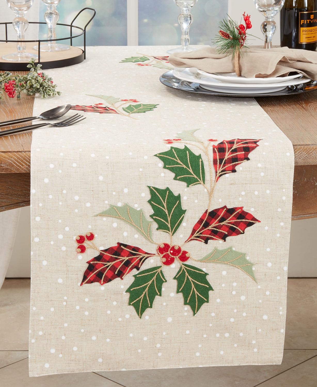 Fennco Styles Buffalo Plaid Holly Leaves Table Runner 16" W x 70" L - Natural Festive Linen Blend Table Cover for Winter Holidays Décor, Dining Table, Banquet, Family Gathering, and Special Occasions