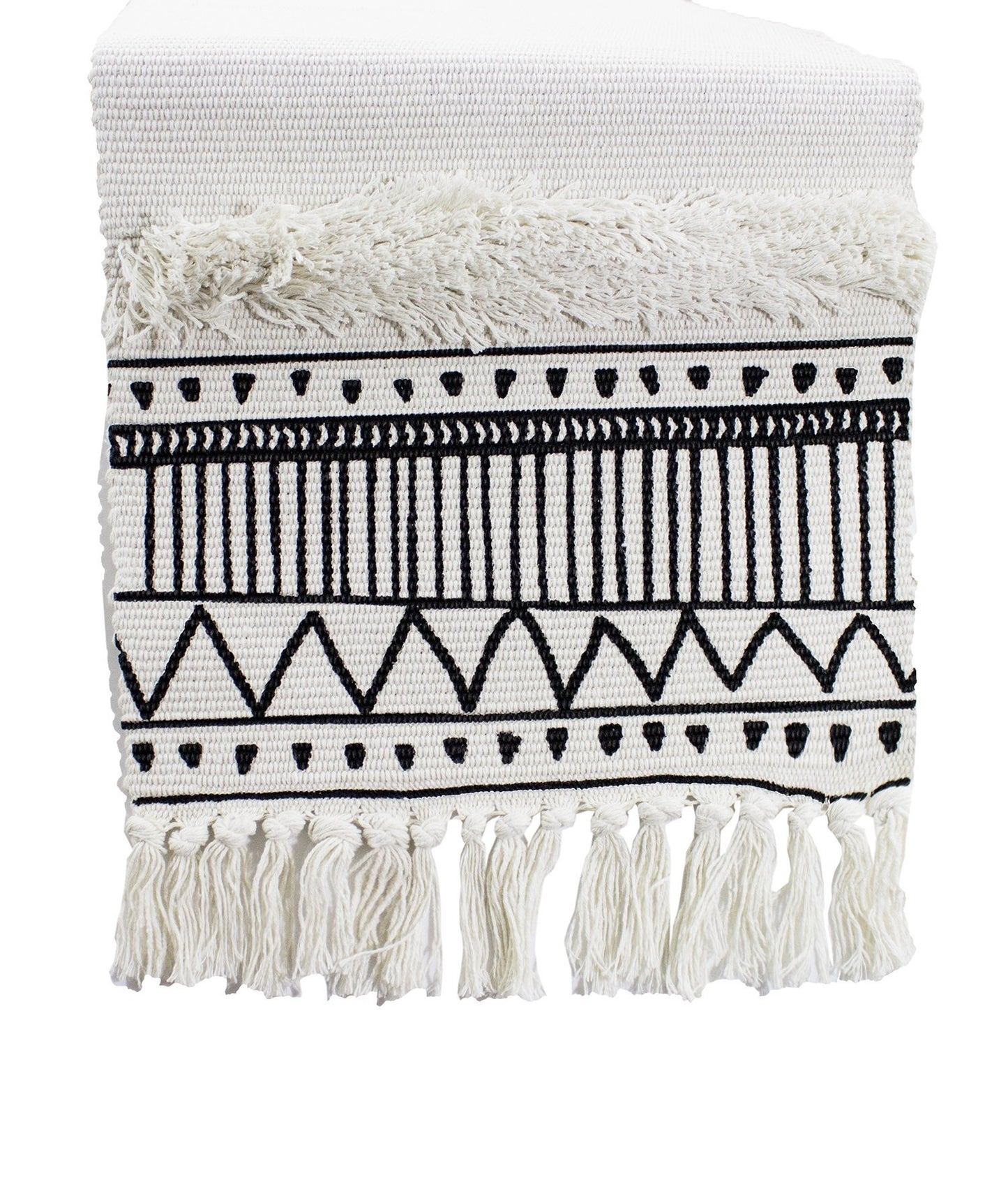 Fennco Styles Ivory Boho Tribal Textured Table Runner with Tassels - Woven Diamond Cotton Blend Table Cover for Boho Décor, Dining Table, Banquets, Family Gatherings