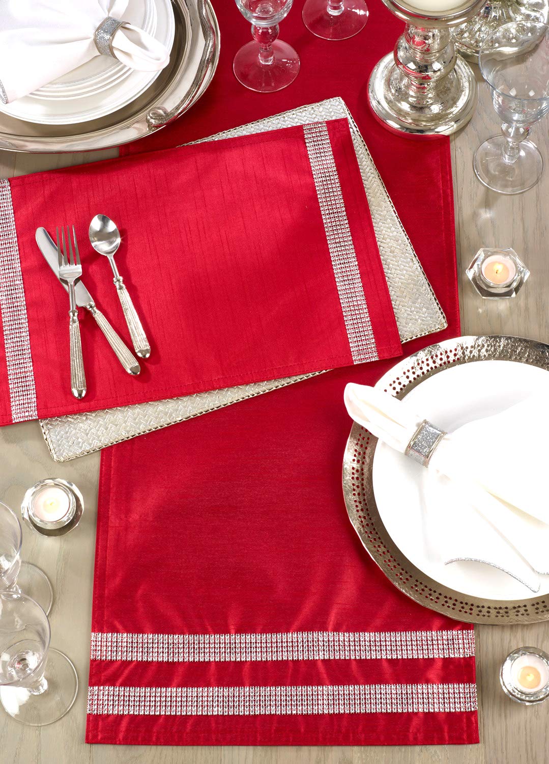 Fennco Styles Brillant Collection Tasseled Studded Border 16 x 72 Inch Table Runner – Red Table Cover for Christmas, Banquets, Special Events, Home Décor