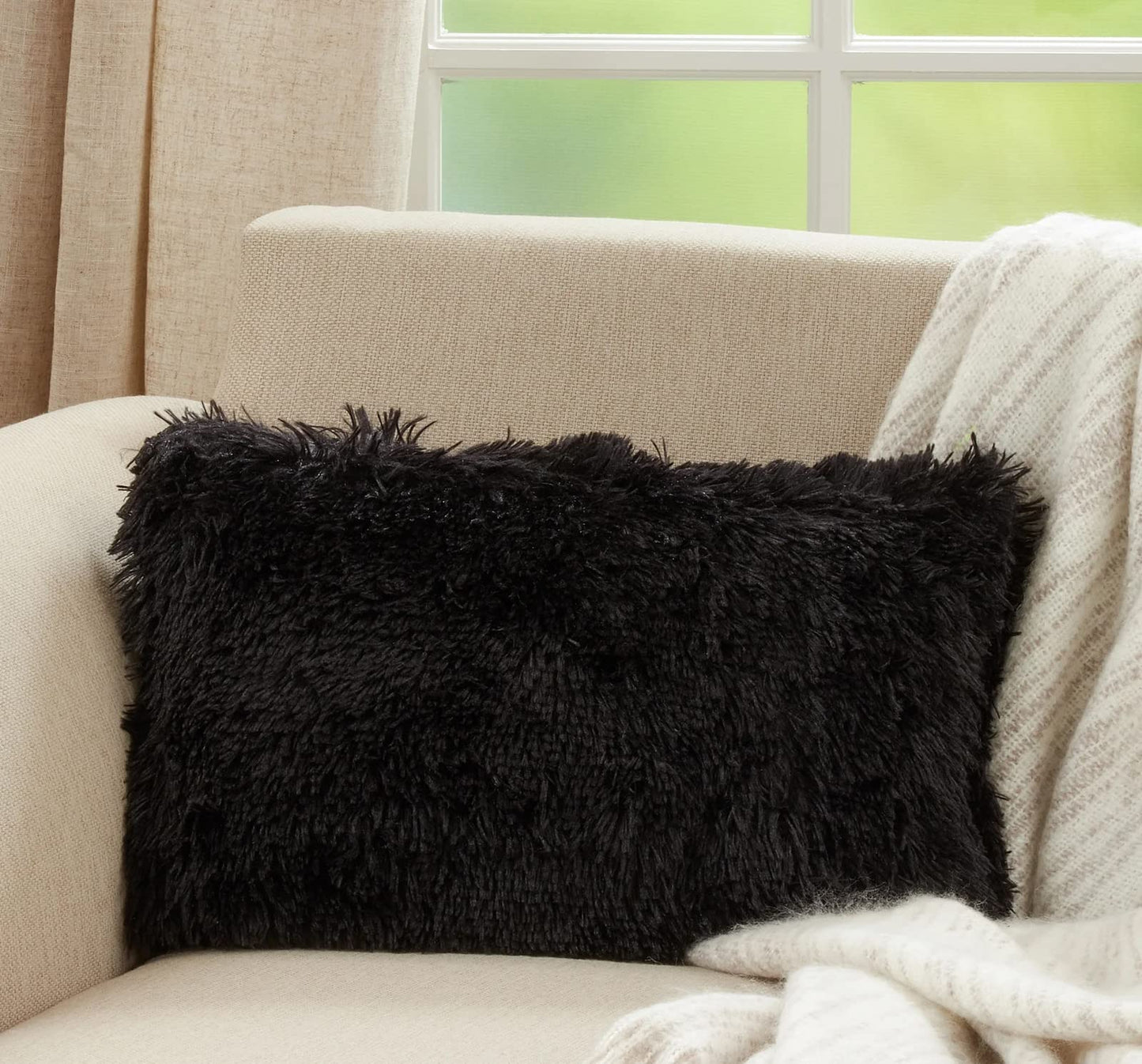Fennco Styles Classic Faux Fur Decorative Throw Pillow Cover 18 x 18 Inch - Ivory Plush Cushion Case for Home, Couch, Living Room, Office and Holiday Décor