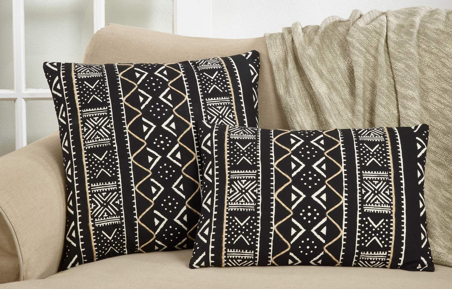 Fennco Styles Tribal Mud Cloth 100% Cotton Decorative Throw Pillow Cover & Insert 20 x 20 Inch - Black Geometric Pillow for Couch, Living Room and Bedroom Décor