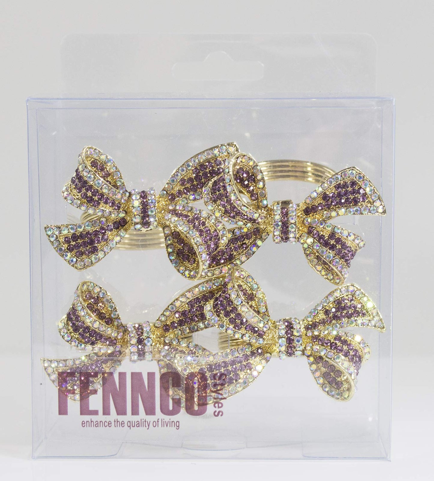 Fennco Styles Stunning Crystal Bowknot Gold-Plated Napkin Rings Wedding Holiday Table Decoration - Set of 4