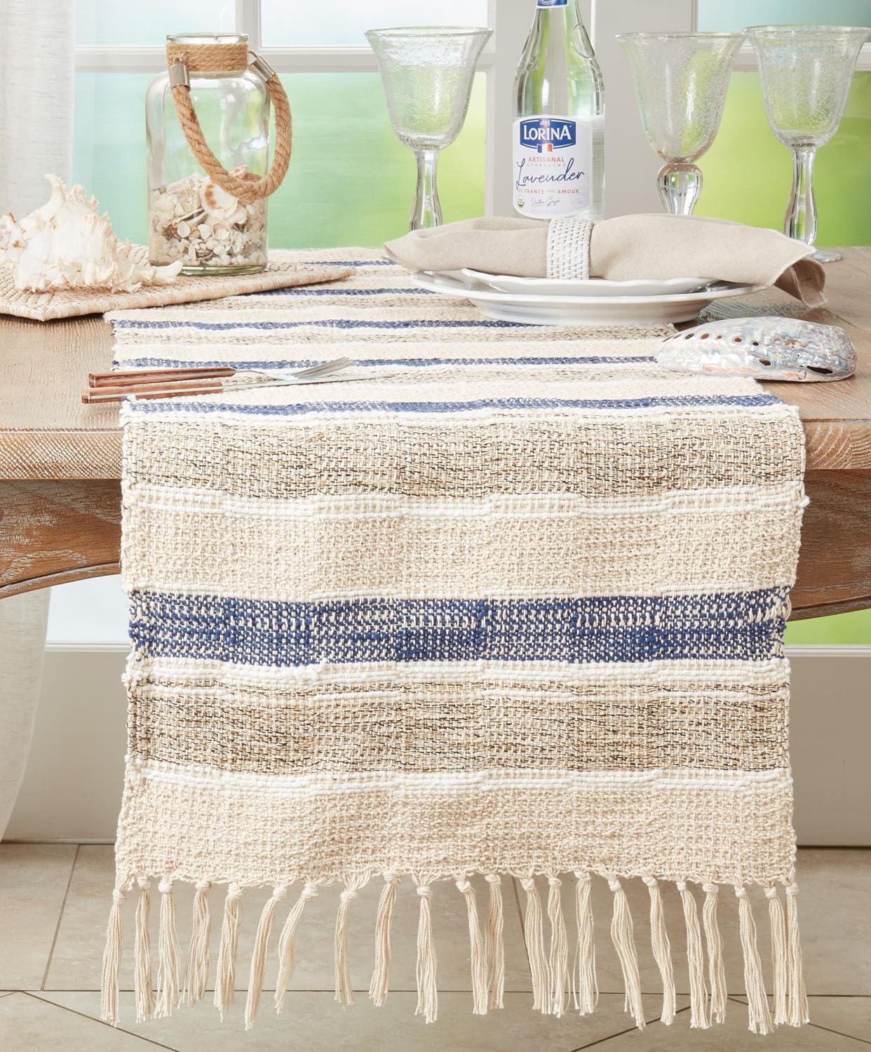 Fennco Styles Stripe Cotton Table Runner with Fringe Design 16" W x 72" L - Navy Blue Woven Table Cover for Home Décor, Dining Table, Banquets, Family Gathering and Special Events