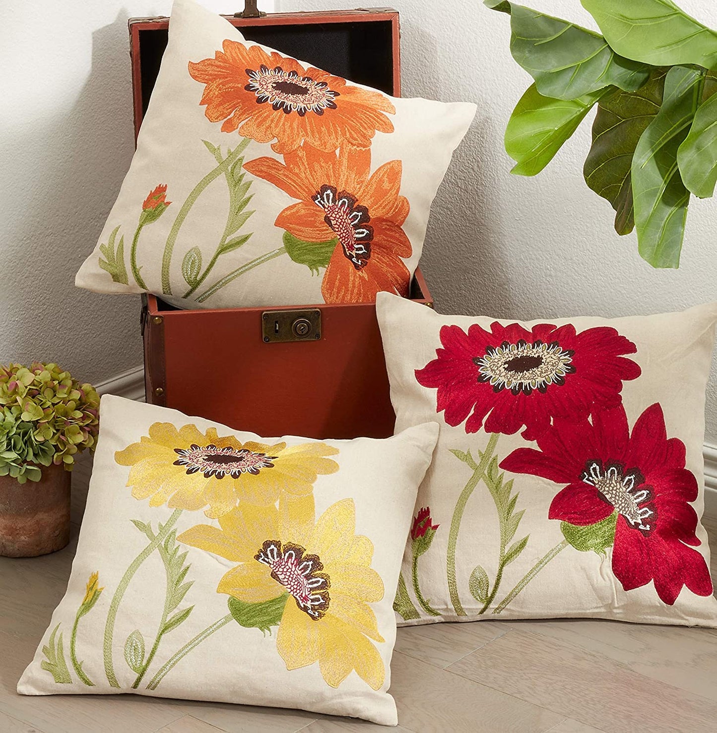 Fennco Styles Le Tournesol Embroidered Sunflower Decorative Throw Pillow, Filler Included, 18-Inch Square - Red Flower Cotton Linen Pillow for Home, Couch, Living Room and Bedroom Décor