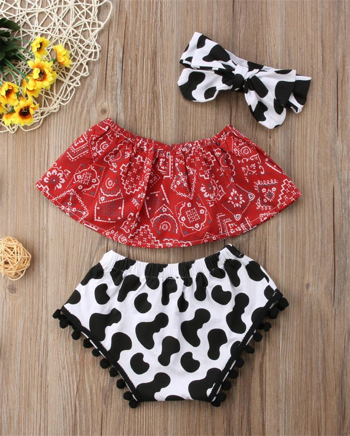 stylesilove Baby Girls Cowgirl Red Bandana Top with Pom Pom Trim Bloomers and Headband 3pcs Outfit