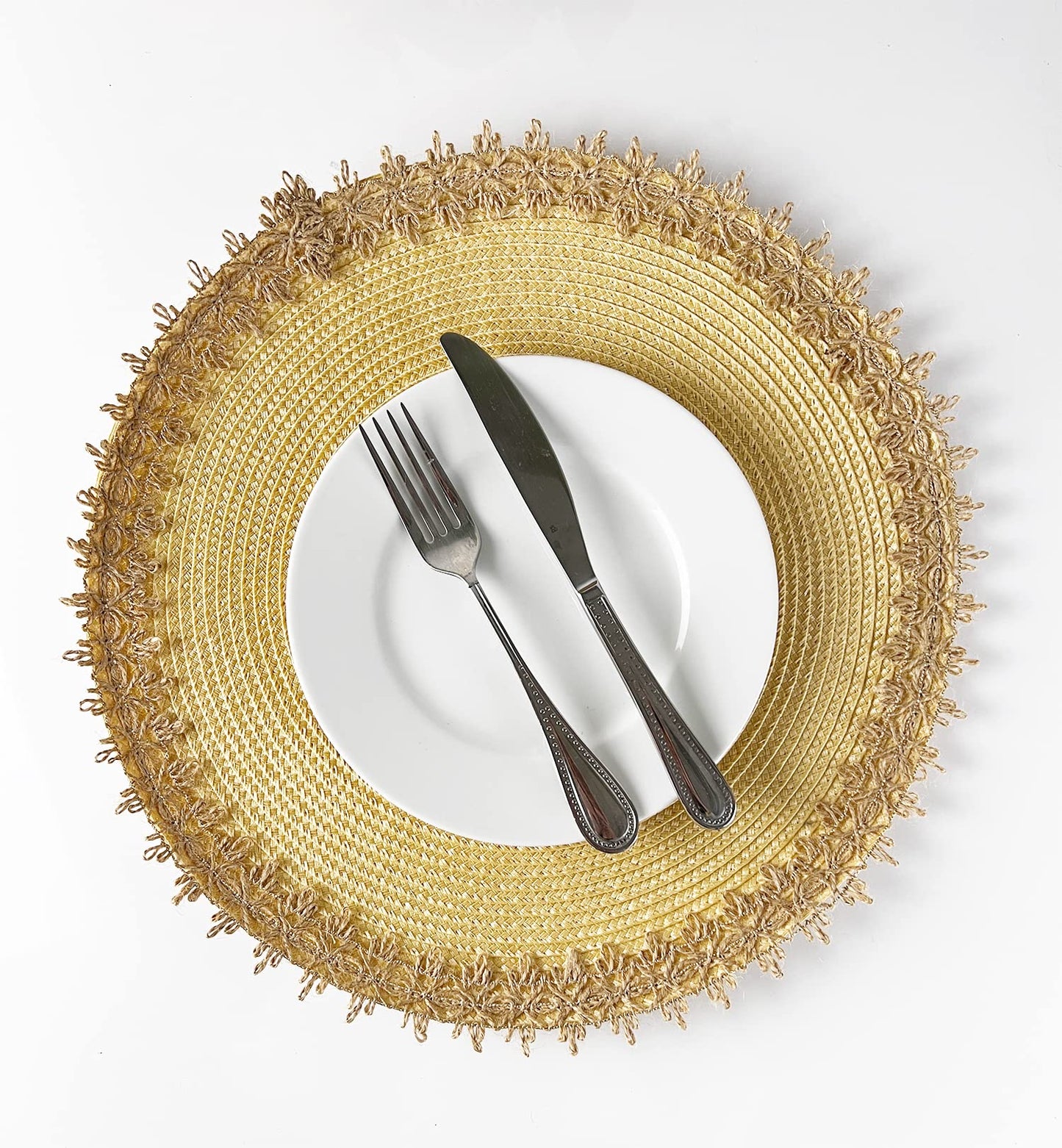 Fennco Styles Rustic Jute Border Handwoven Placemats 15" Round, Set of 4 - Natural Braided Table Mats for Home, Dining Room Décor, Banquets, Holidays, Family Gatherings and Special Occasion