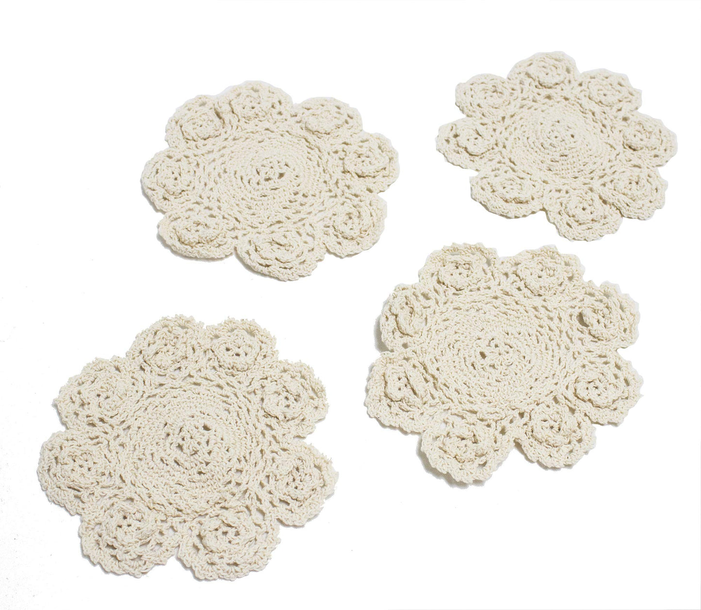 Fennco Styles Handmade 3D Flowers Crochet Lace Cotton Round Doilies, Set of 4